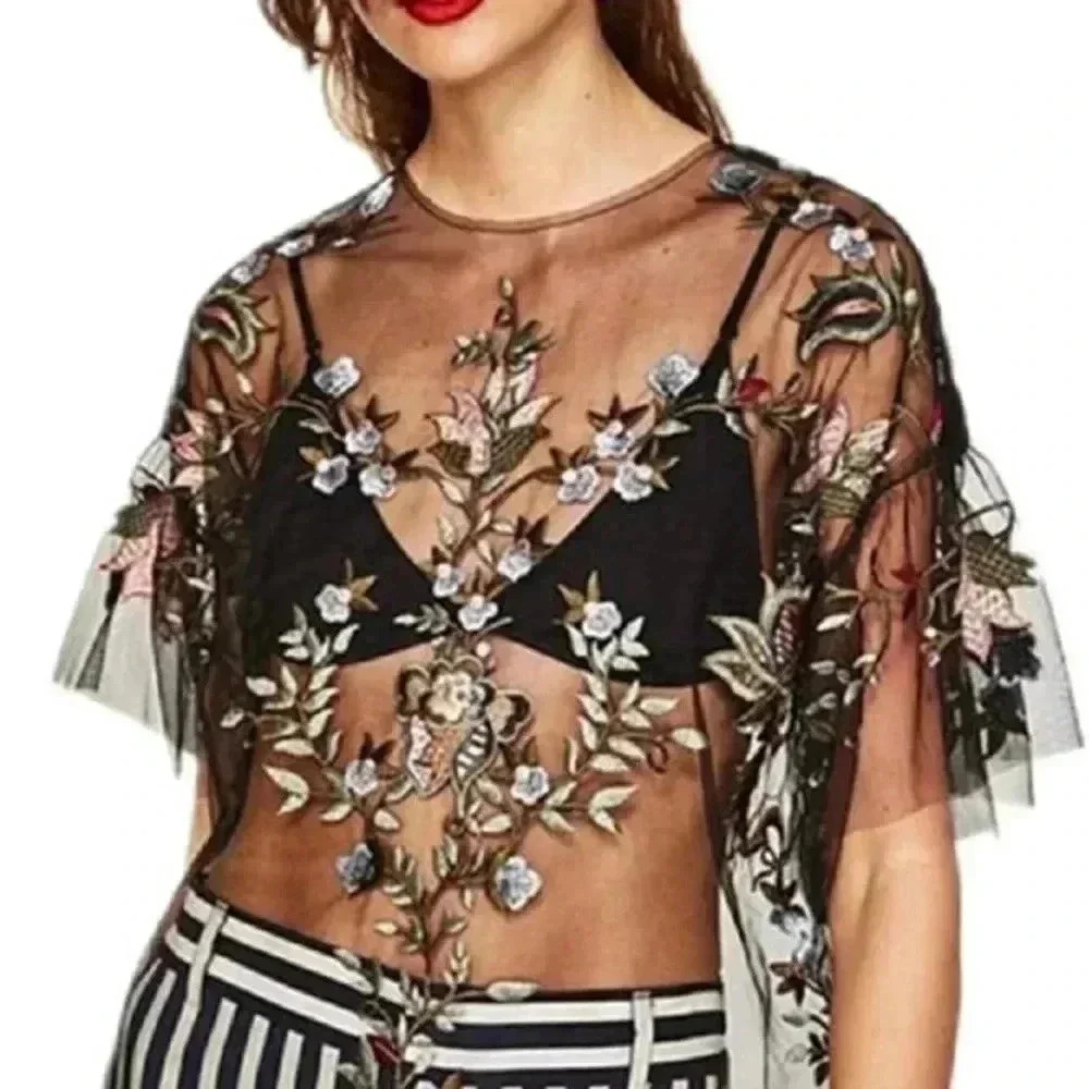 Zara Sheer Floral Embroidered Top - Black and Multicolor